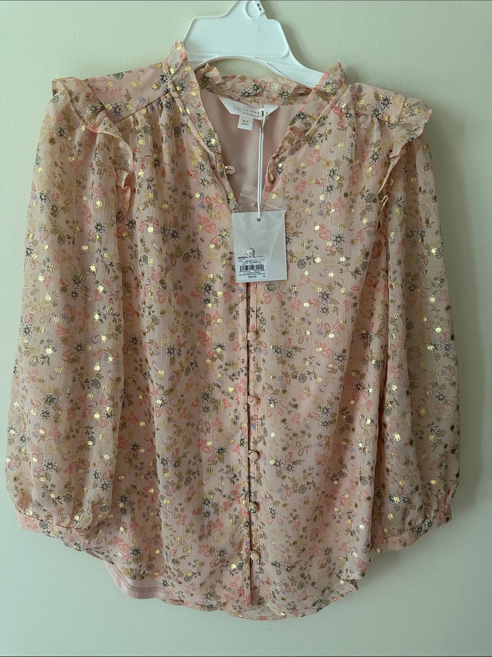 LC Lauren Conrad Blush Pink peach Floral Metallic Ruffle-Trim Blouse